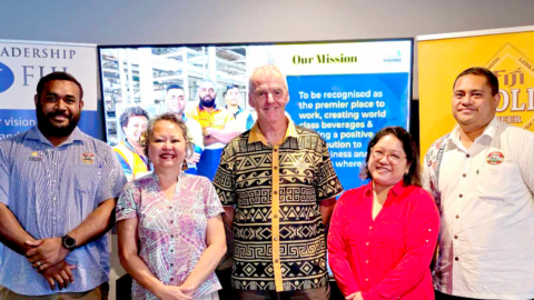 (L-R) Paradise Beverages Team Leader - Continuous Improvement Maleli Varawa, Leadership Fiji CEO Sharyne Fong, Paradise Beverages General Manager Mike Spencer, Leadership Fiji Program Coordinator Mira Chipongian and Paradise Beverages Manager - Facilities & Security Josefa Rigamoto.