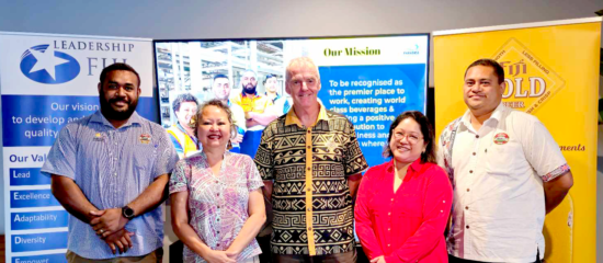 (L-R) Paradise Beverages Team Leader - Continuous Improvement Maleli Varawa, Leadership Fiji CEO Sharyne Fong, Paradise Beverages General Manager Mike Spencer, Leadership Fiji Program Coordinator Mira Chipongian and Paradise Beverages Manager - Facilities & Security Josefa Rigamoto.