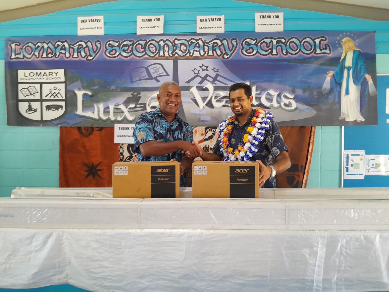 The Principal of Lomary Secondary School, Josua Tawake, and the Leadership Fiji Foundation during the handover at Lomary Secondary School, on Friday 2nd Mazy 2025.